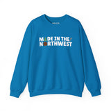 Blue sweatshirt featuring 'Made in the Northwest' text, perfect for PNW enthusiasts and nature lovers.