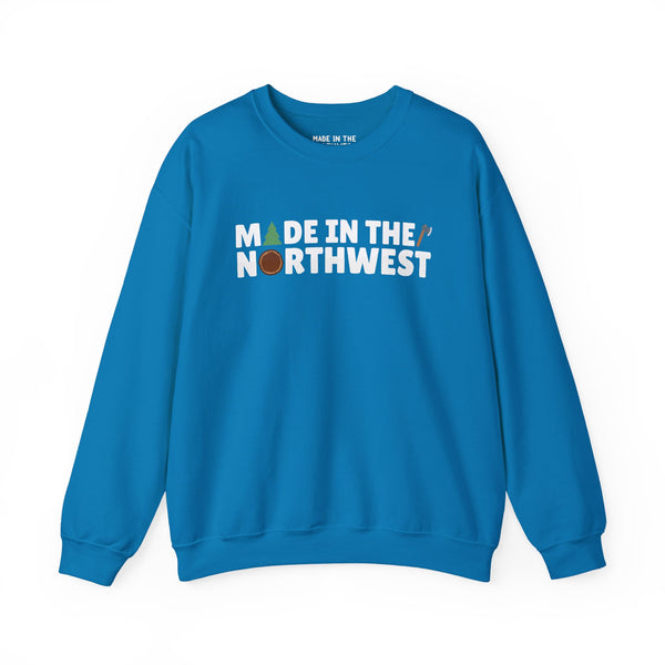 Blue sweatshirt featuring 'Made in the Northwest' text, perfect for PNW enthusiasts and nature lovers.