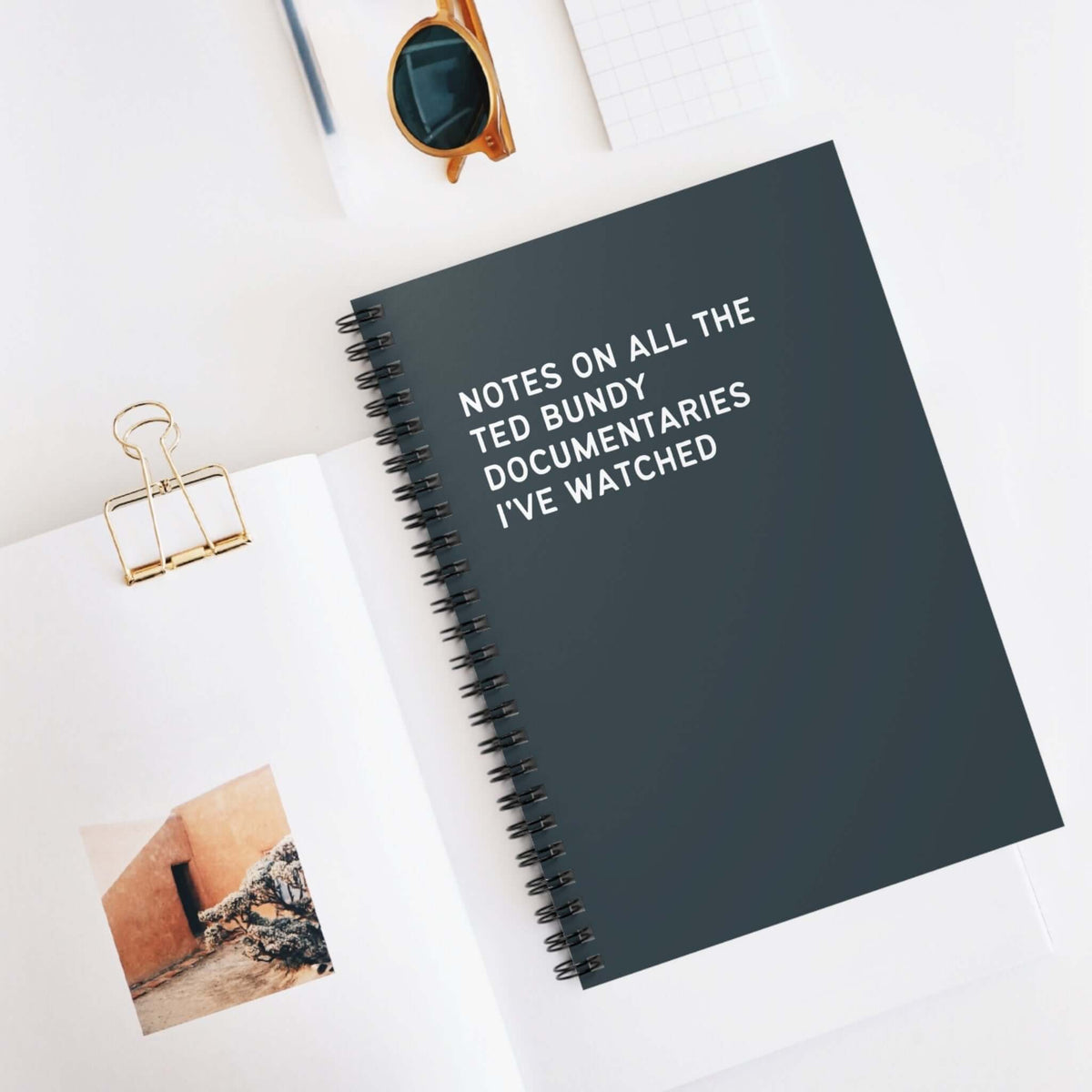 Spiral notebook with notes on Ted Bundy documentaries, ideal for true crime enthusiasts and researchers.