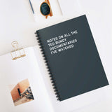 Spiral notebook with notes on Ted Bundy documentaries, ideal for true crime enthusiasts and researchers.