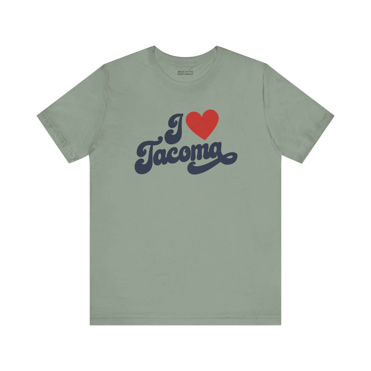 I love Tacoma t shirt in soft green with cursive I ♥ Tacoma design for hometown pride.