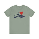 I love Tacoma t shirt in soft green with cursive I ♥ Tacoma design for hometown pride.