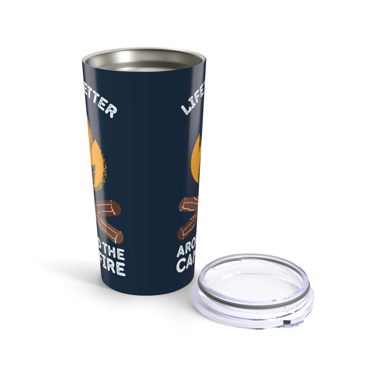 Life's Better Around the Campfire stainless coffee tumbler with campfire design and lid.