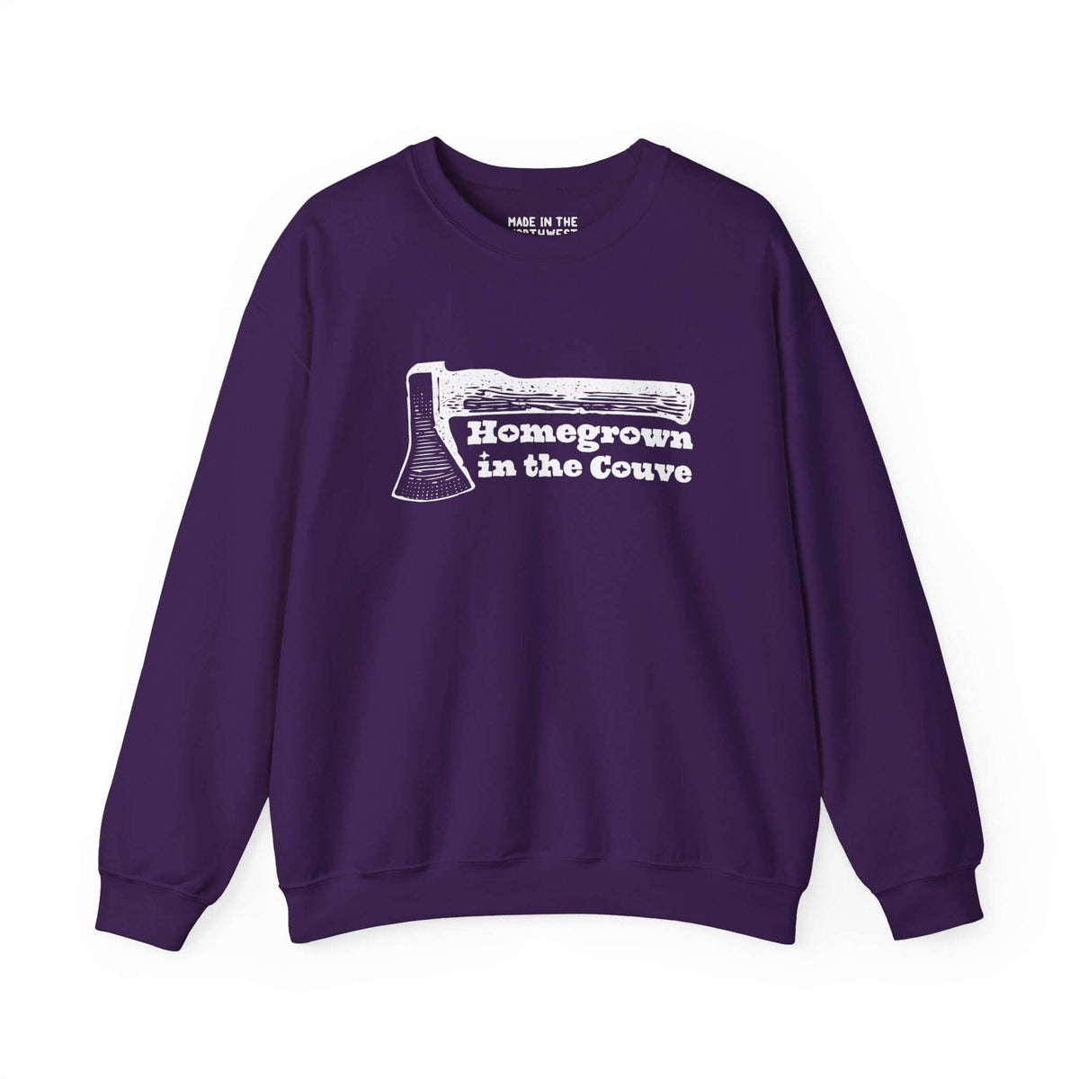 "Homegrown in the Couve sweatshirt with illustrated axe design in purple, showcasing Vancouver pride and Pacific Northwest charm."