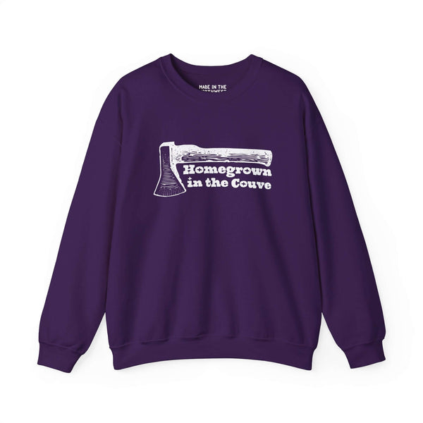 "Homegrown in the Couve sweatshirt with illustrated axe design in purple, showcasing Vancouver pride and Pacific Northwest charm."