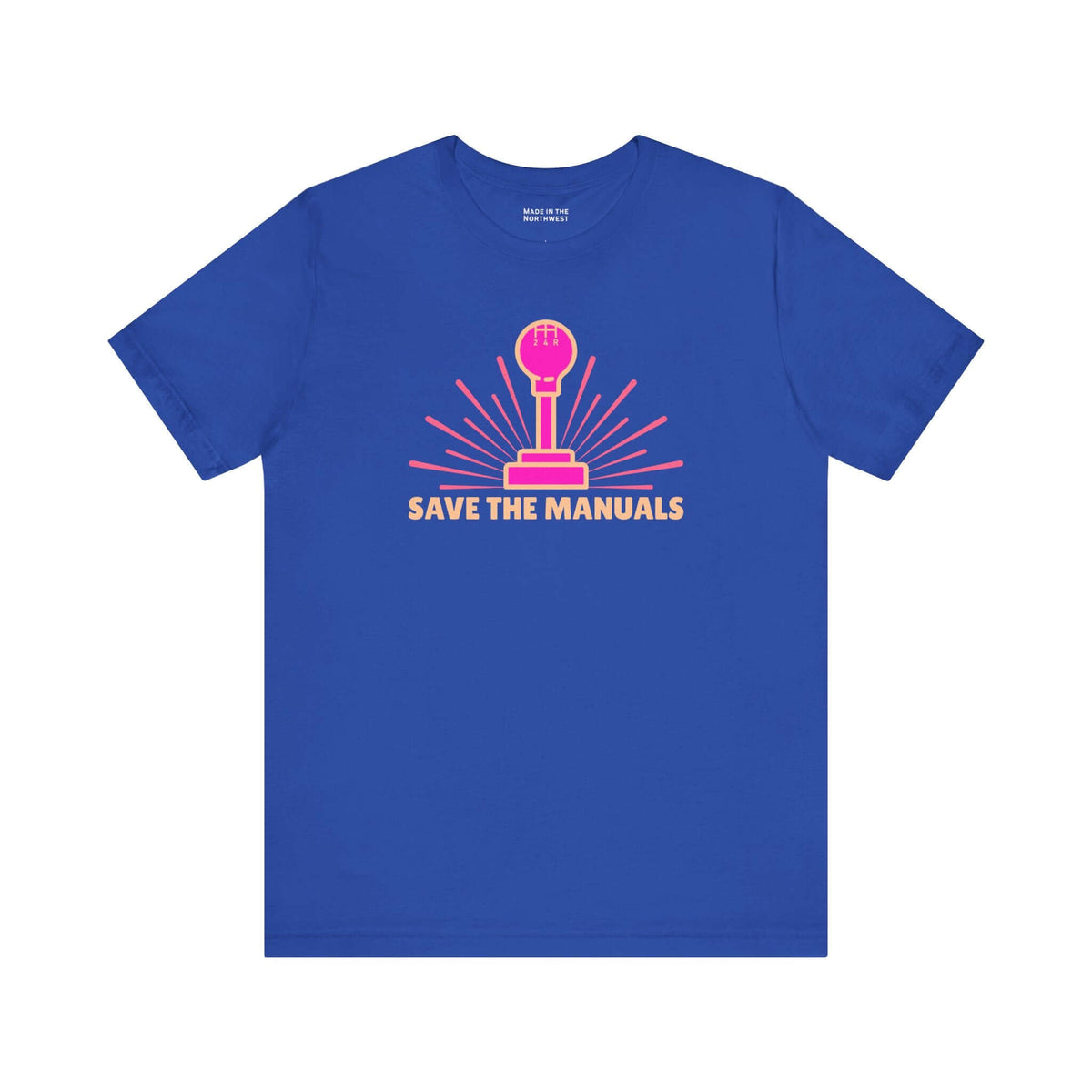 Save the Manuals T Shirt featuring a colorful graphic of a gearshift on a blue background.