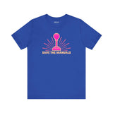 Save the Manuals T Shirt featuring a colorful graphic of a gearshift on a blue background.
