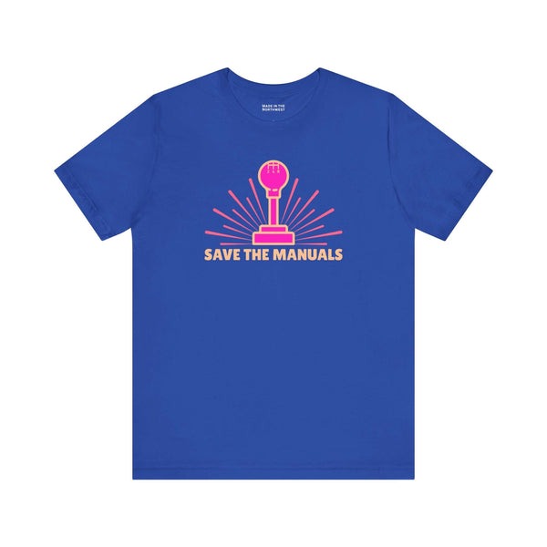 Save the Manuals T Shirt featuring a colorful graphic of a gearshift on a blue background.
