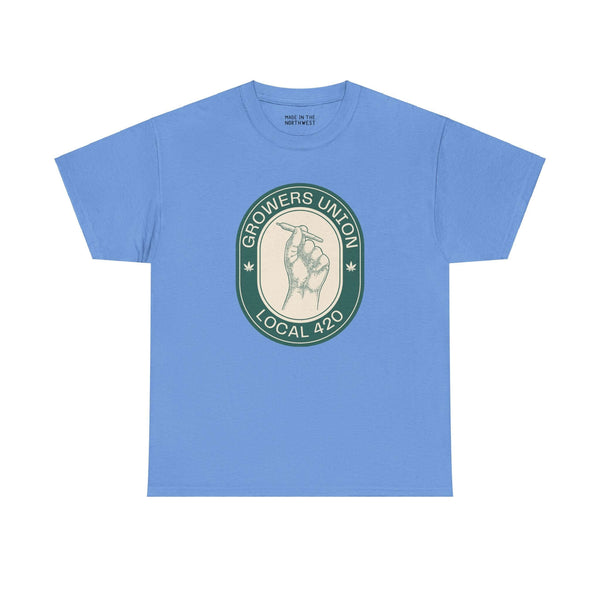 Grower's Union Local 420 Athletic Tee with hand holding a joint graphic on blue shirt, embracing 420 culture.