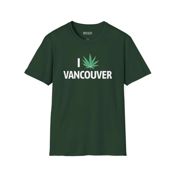 I Marijuana Vancouver T Shirt featuring a green graphic tee with a marijuana leaf design.