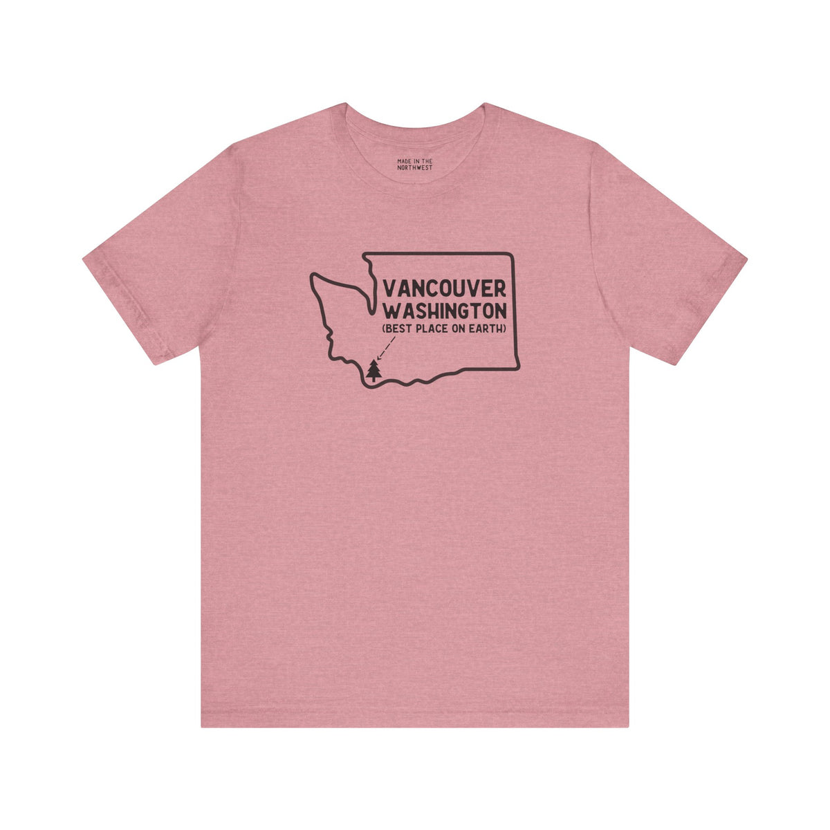 Pink tee shirt featuring Vancouver Washington design with tree icon and text 'Best Place on Earth'.