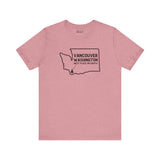 Pink tee shirt featuring Vancouver Washington design with tree icon and text 'Best Place on Earth'.