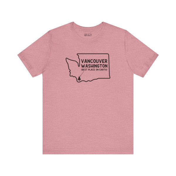 Pink tee shirt featuring Vancouver Washington design with tree icon and text 'Best Place on Earth'.