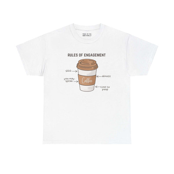 Coffee Edition Athletic Tee with coffee cup and "Rules of Engagement" text, humorously highlighting coffee lovers' morning routine.