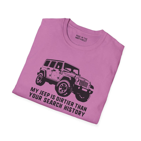My Jeep is Dirtier Than Your Search History T-Shirt in pink with rugged Jeep graphic.