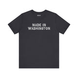 Made in Washington log font premium soft tee in black, showcasing bold lettering for Pacific Northwest pride.