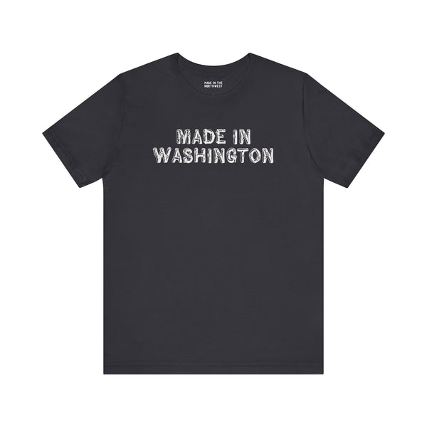 Made in Washington log font premium soft tee in black, showcasing bold lettering for Pacific Northwest pride.
