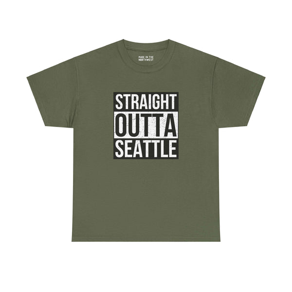 Olive green "Straight Outta Seattle" athletic tee with bold streetwear design.