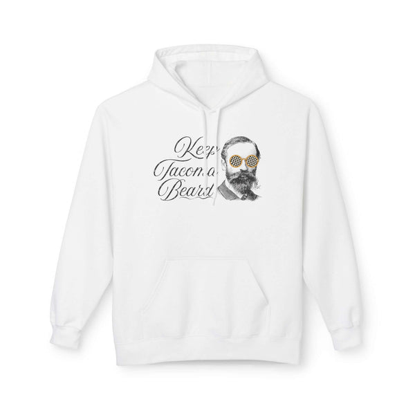 Keep Tacoma Beard Hoodie featuring a bearded man in sunglasses on a white hooded sweatshirt.
