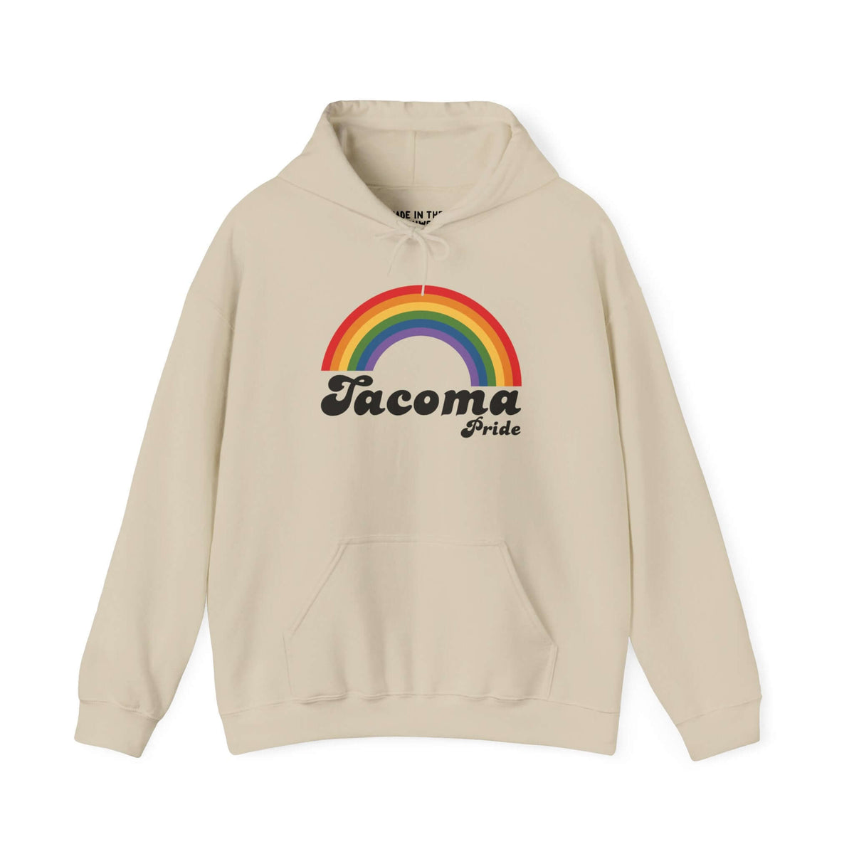 Tacoma Pride hoodie featuring a colorful rainbow design, celebrating love and equality, perfect for the Tacoma Pride Festival.