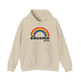 Tacoma Pride hoodie featuring a colorful rainbow design, celebrating love and equality, perfect for the Tacoma Pride Festival.
