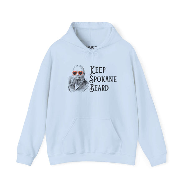 Keep Spokane Beard hoodie featuring a bearded man with heart-shaped sunglasses on a light blue sweatshirt.