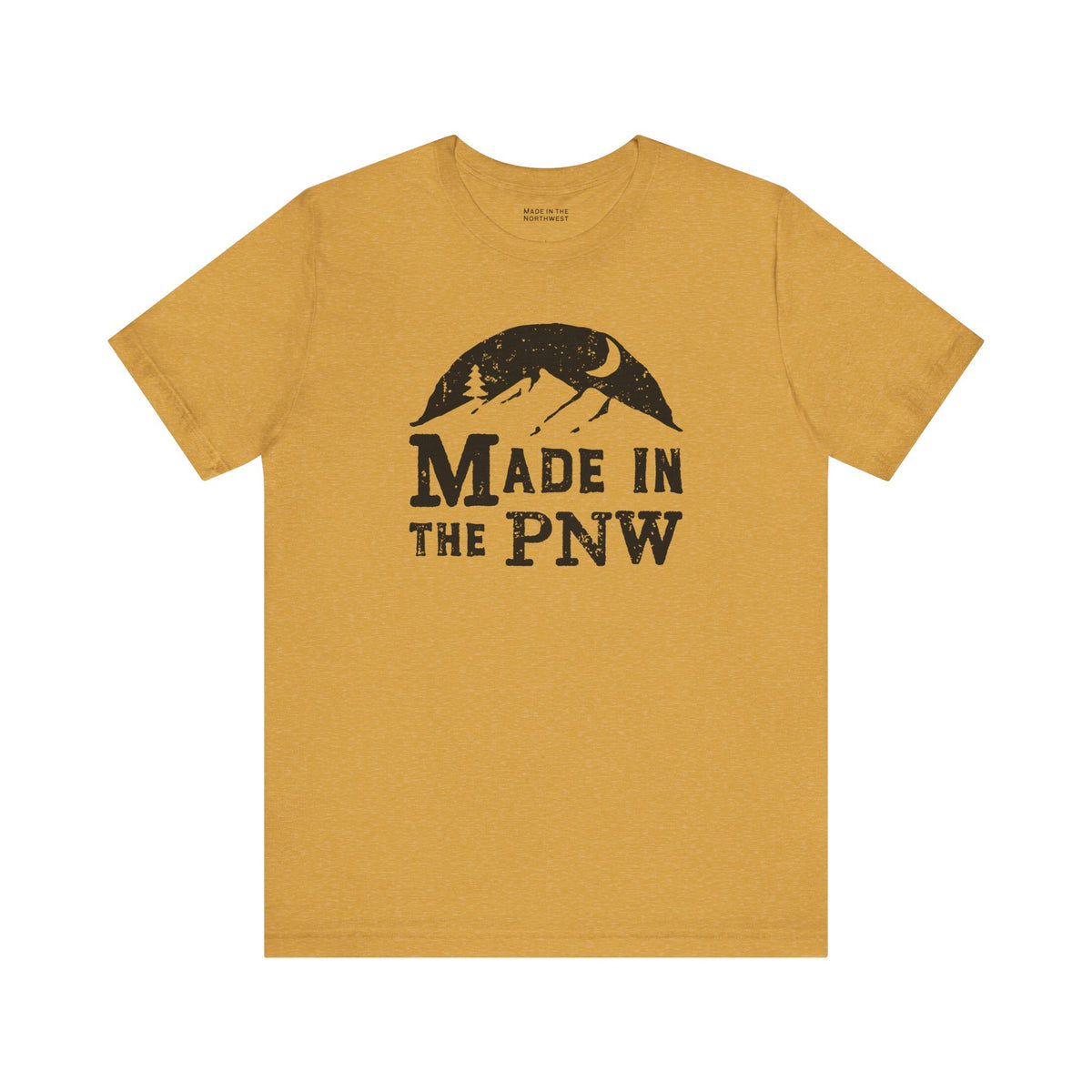 Made in the PNW T Shirt – Distressed Mountain Graphic Tee in a mustard color with graphic design.