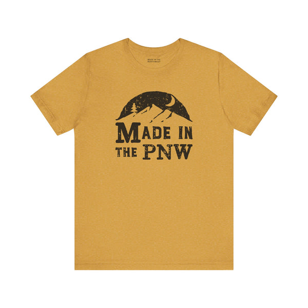 Made in the PNW T Shirt – Distressed Mountain Graphic Tee in a mustard color with graphic design.