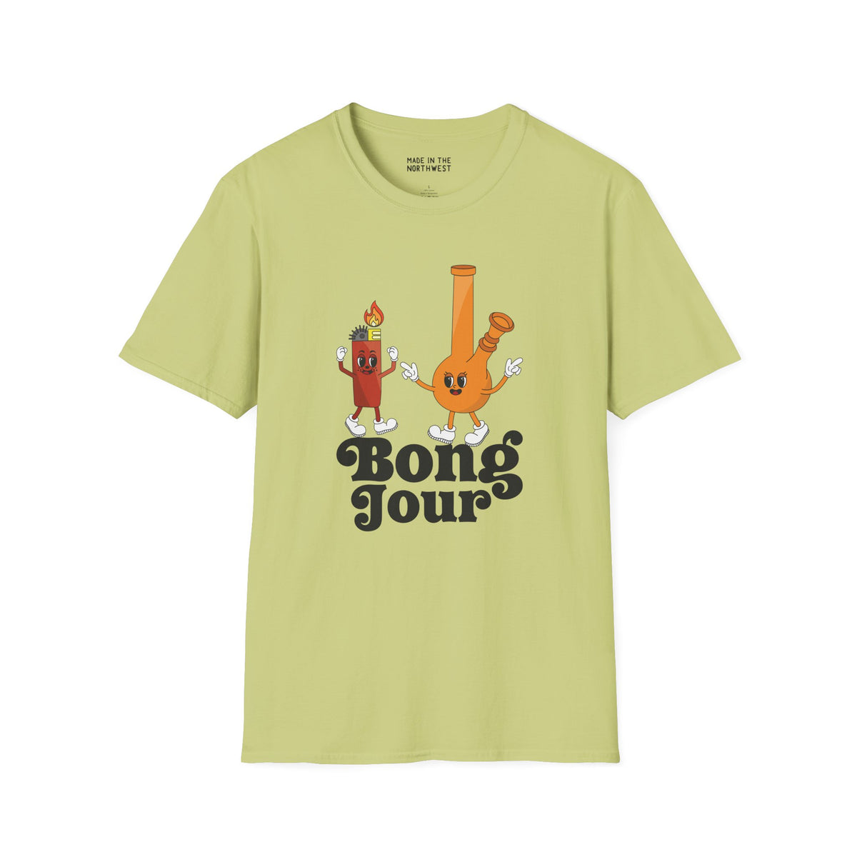 Bong Jour Softstyle T-Shirt featuring a friendly bong and lighter in playful design, perfect for cannabis lovers.