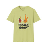 Bong Jour Softstyle T-Shirt featuring a friendly bong and lighter in playful design, perfect for cannabis lovers.