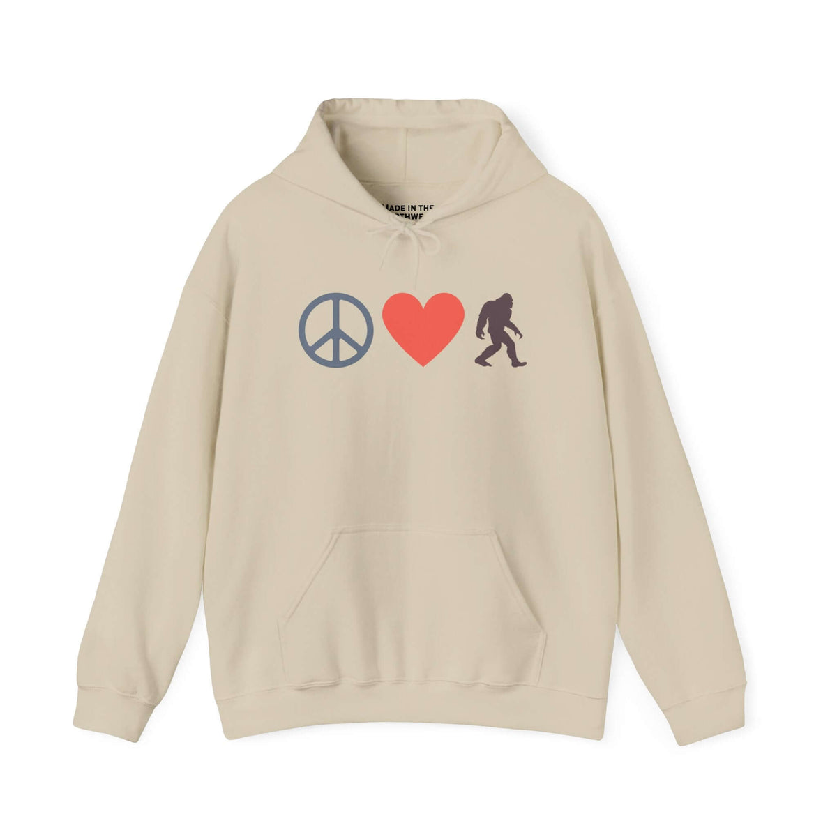 Peace, Love, and Bigfoot Cozy Hoodie featuring peace sign, heart, and Bigfoot silhouette.