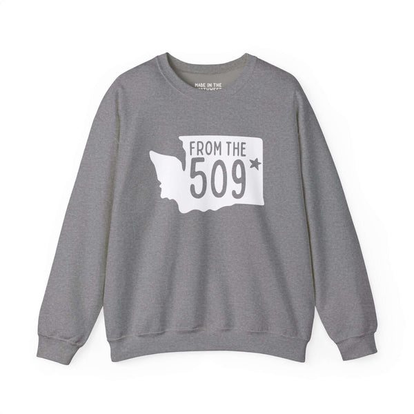 Grey sweatshirt featuring Washington state silhouette with "From the 509" text, highlighting Spokane pride and area code.