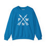 PNW Arrow Crossroads cozy sweatshirt in blue with crossed arrows and iconic PNW lettering.