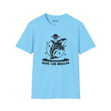Save the Whales Orca Softstyle T-Shirt with mystical orca graphic on blue background.