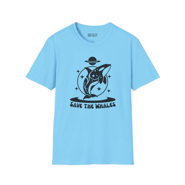 Save the Whales Orca Softstyle T-Shirt with mystical orca graphic on blue background.