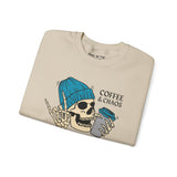 Coffee & Chaos Skeleton Vibes Sweatshirt with graphic design, perfect for coffee lovers embracing rebellion.