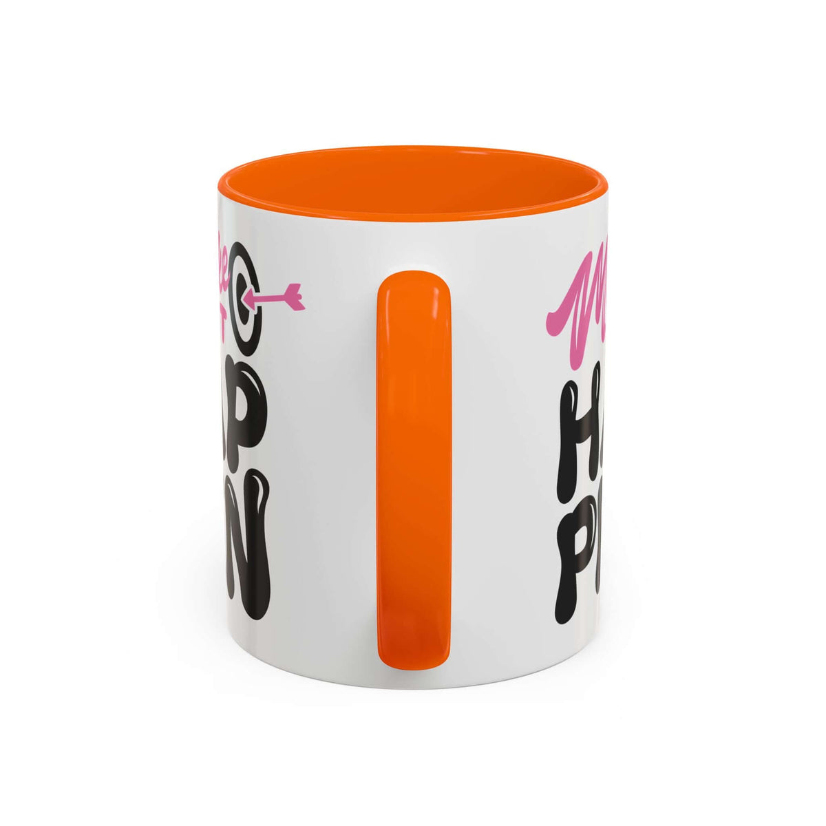 Make It Happen Mug with vibrant orange interior and bold hand-lettered design on glossy white surface.