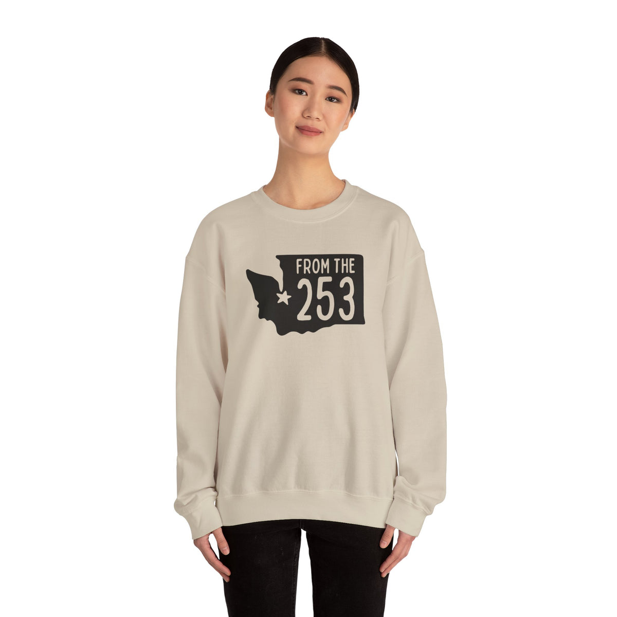 Model wearing From the 253 cozy sweatshirt featuring Washington state silhouette and bold text.