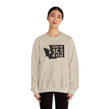 Model wearing From the 253 cozy sweatshirt featuring Washington state silhouette and bold text.