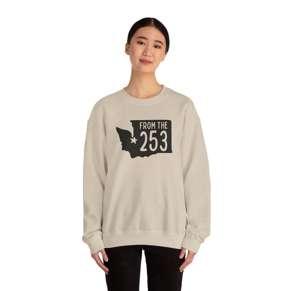 Model wearing From the 253 cozy sweatshirt featuring Washington state silhouette and bold text.