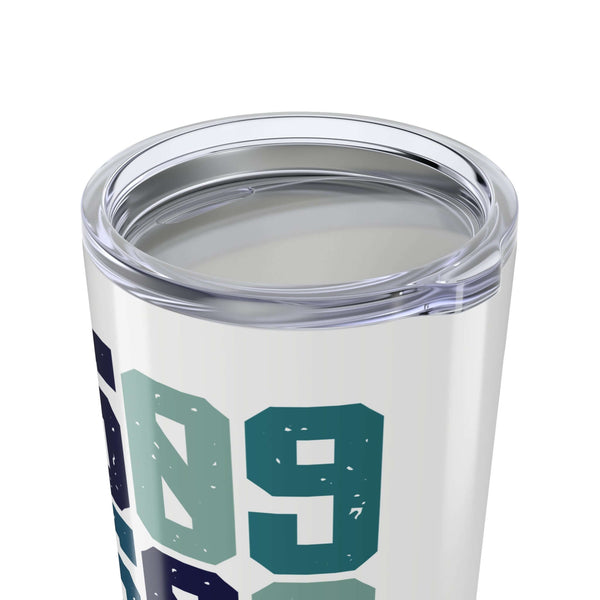 509 Area Code Coffee Tumbler with blue Spokane area code design and clear lid, perfect for hot or cold beverages.