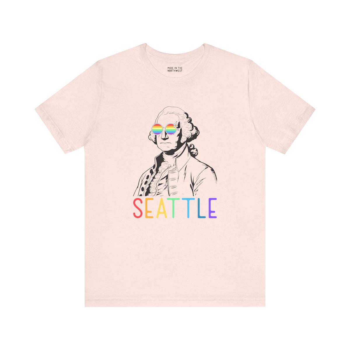 George's Rainbow Vision Seattle soft tee featuring George Washington in rainbow glasses and colorful lettering.