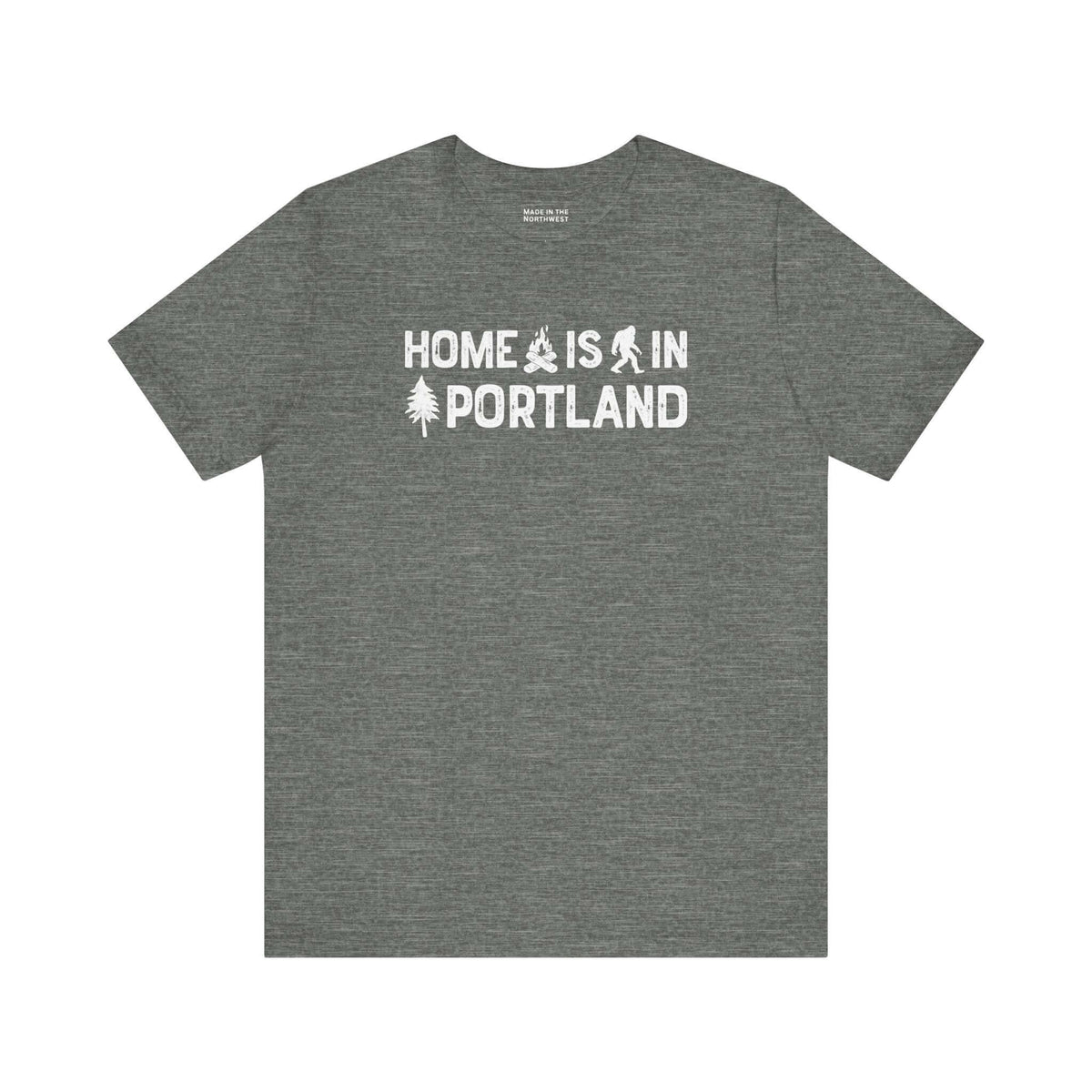 Home Is in Portland Tee – gray t-shirt featuring text and illustrations celebrating Portland pride.