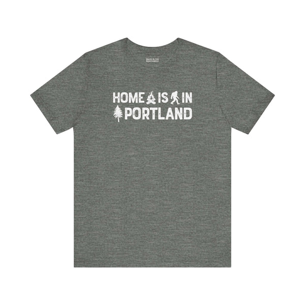 Home Is in Portland Tee – gray t-shirt featuring text and illustrations celebrating Portland pride.