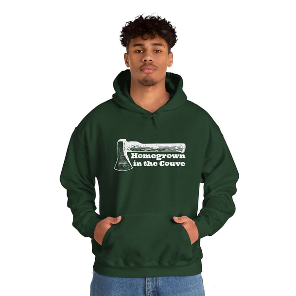 Homegrown in the Couve hoodie with axe illustration, perfect for Pacific Northwest locals.