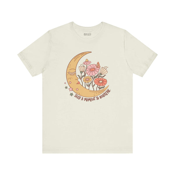 Take a Moment to Breathe T Shirt featuring a crescent moon and wildflowers design.