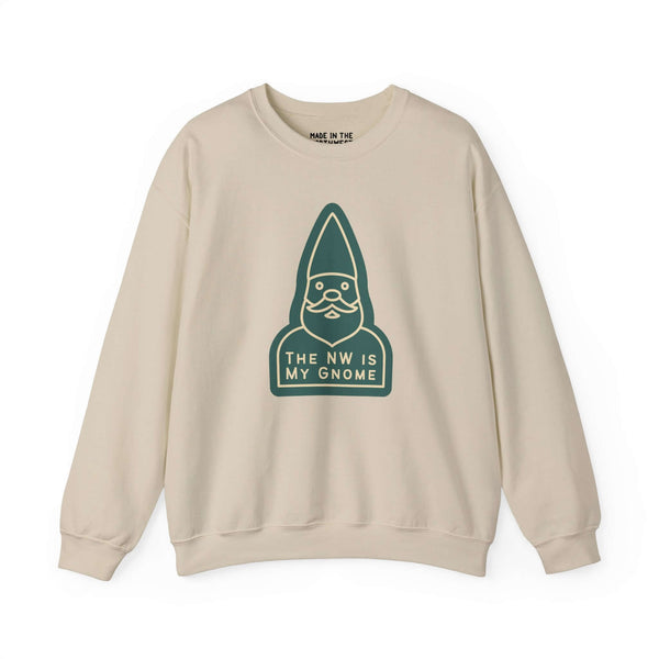 Cream sweatshirt with playful gnome graphic and text 'The NW is My Gnome', celebrating Pacific Northwest vibes.