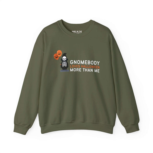 "Gnomebody Loves Halloween More Than Me sweatshirt with skeleton gnome and balloons, perfect for spooky season enthusiasts"