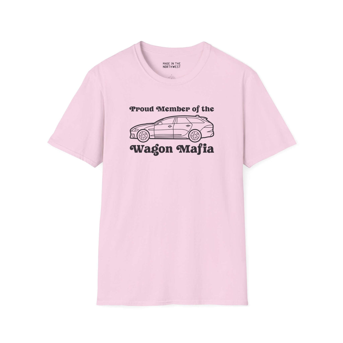 Proud Member of the Wagon Mafia softstyle t-shirt in pink, featuring a classic wagon graphic and bold text.