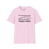 Proud Member of the Wagon Mafia softstyle t-shirt in pink, featuring a classic wagon graphic and bold text.
